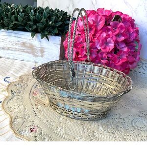 Vintage silver-plated woven metal wire basket
